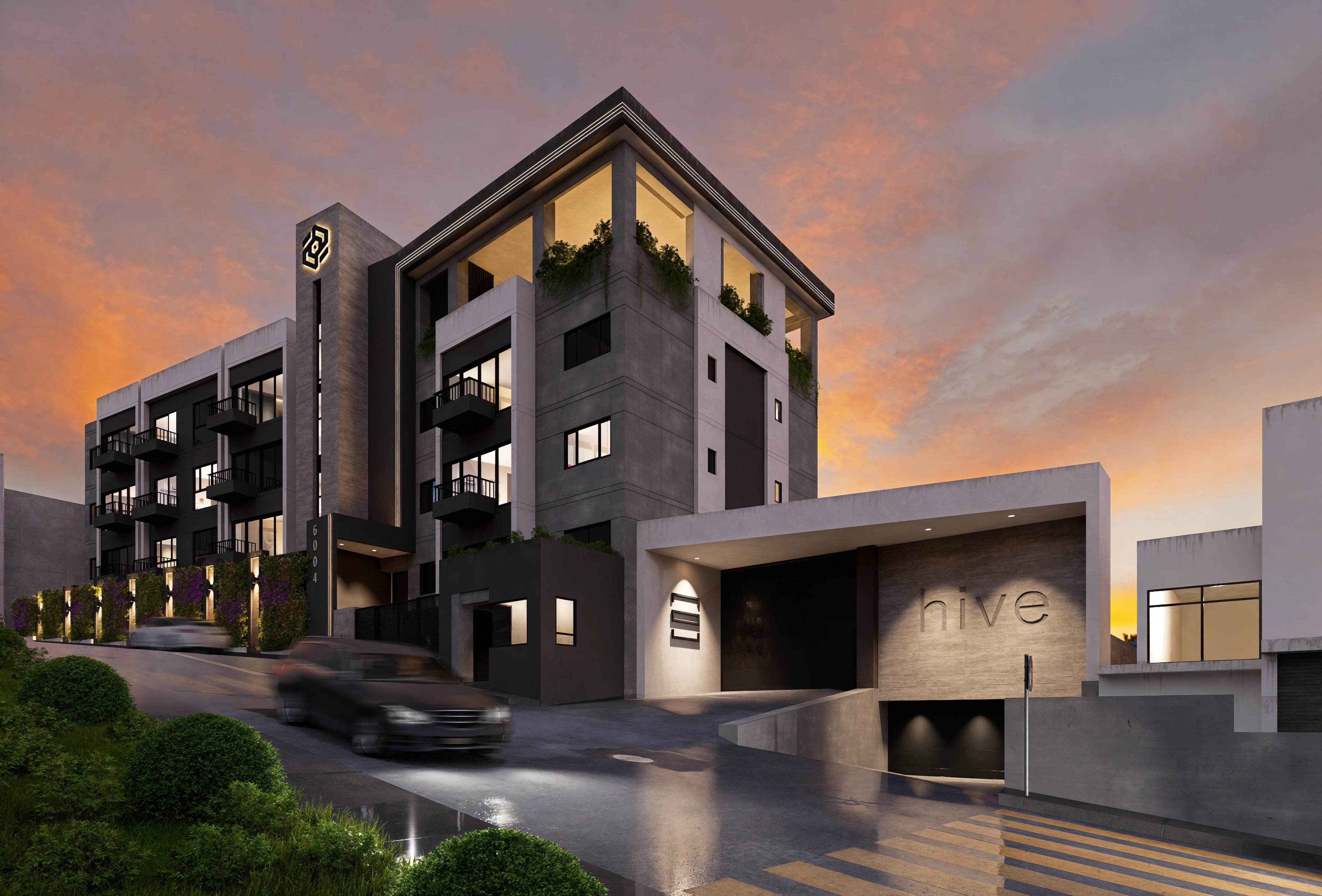 Render del edificio HIVE destacando fachadas y balcones